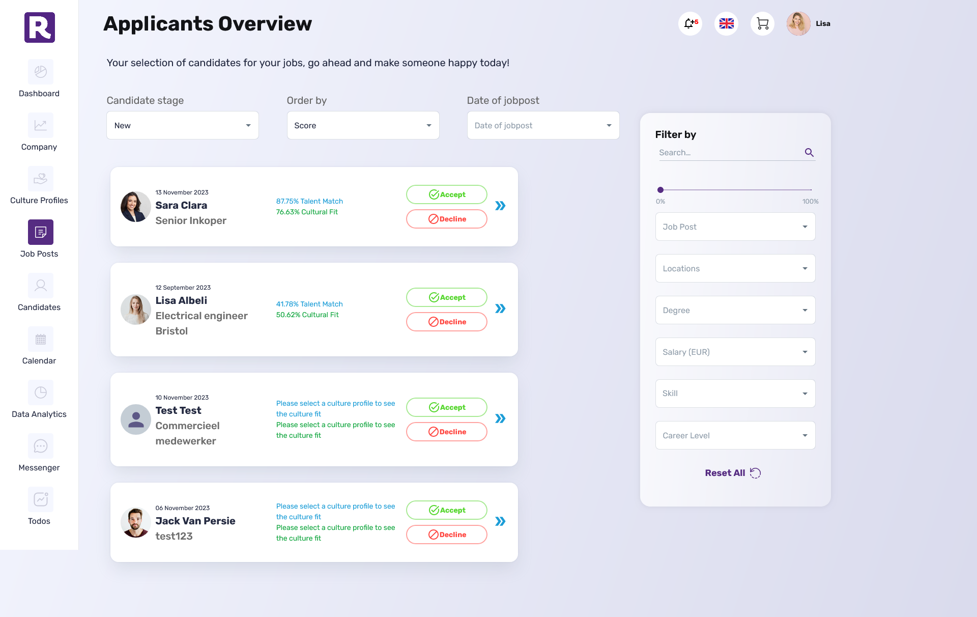 Applicant list screenshot